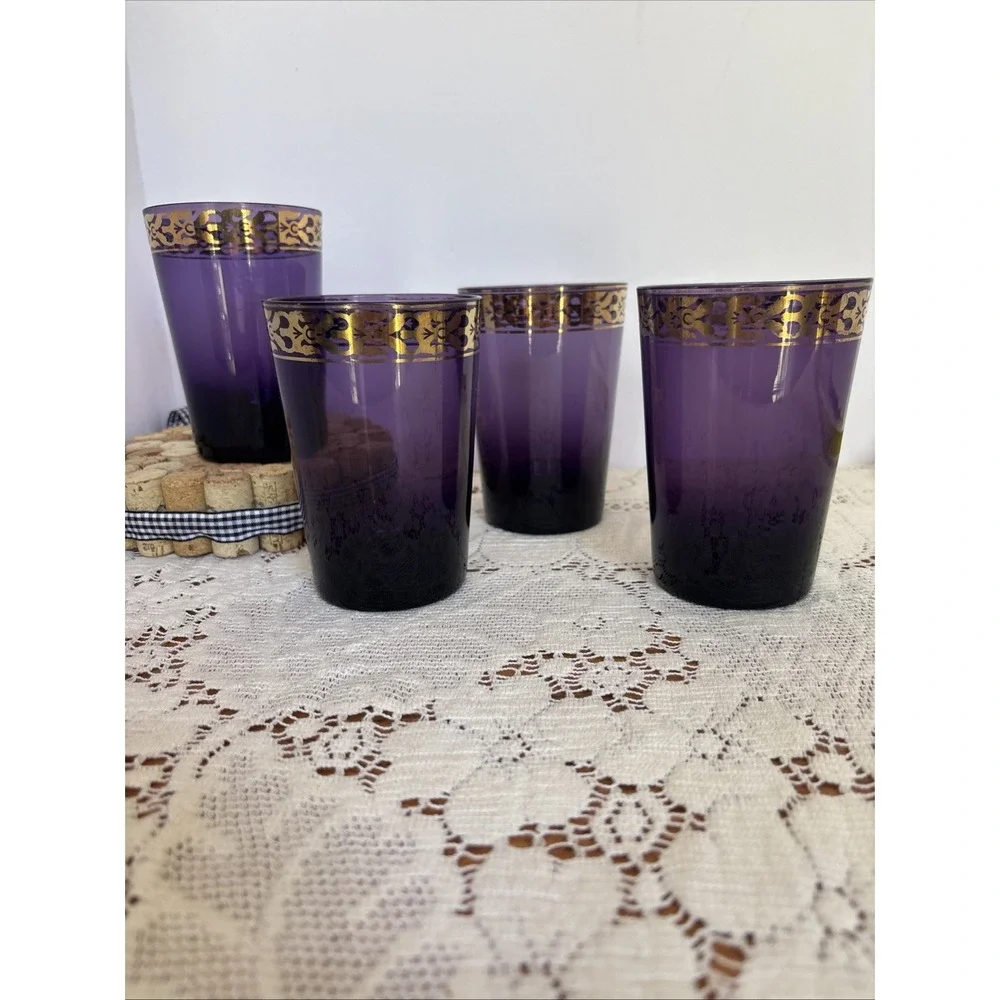 4- Amethyst Glass Tumblers with Gold Scroll Band Moroccan Boho Barware Pier 1
